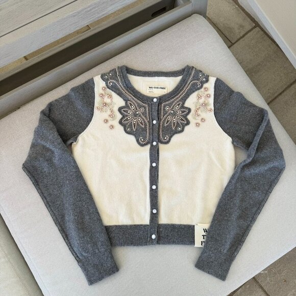 Free People Embellished Cardigan Sweater Cashmere Wool Blend Cream Small